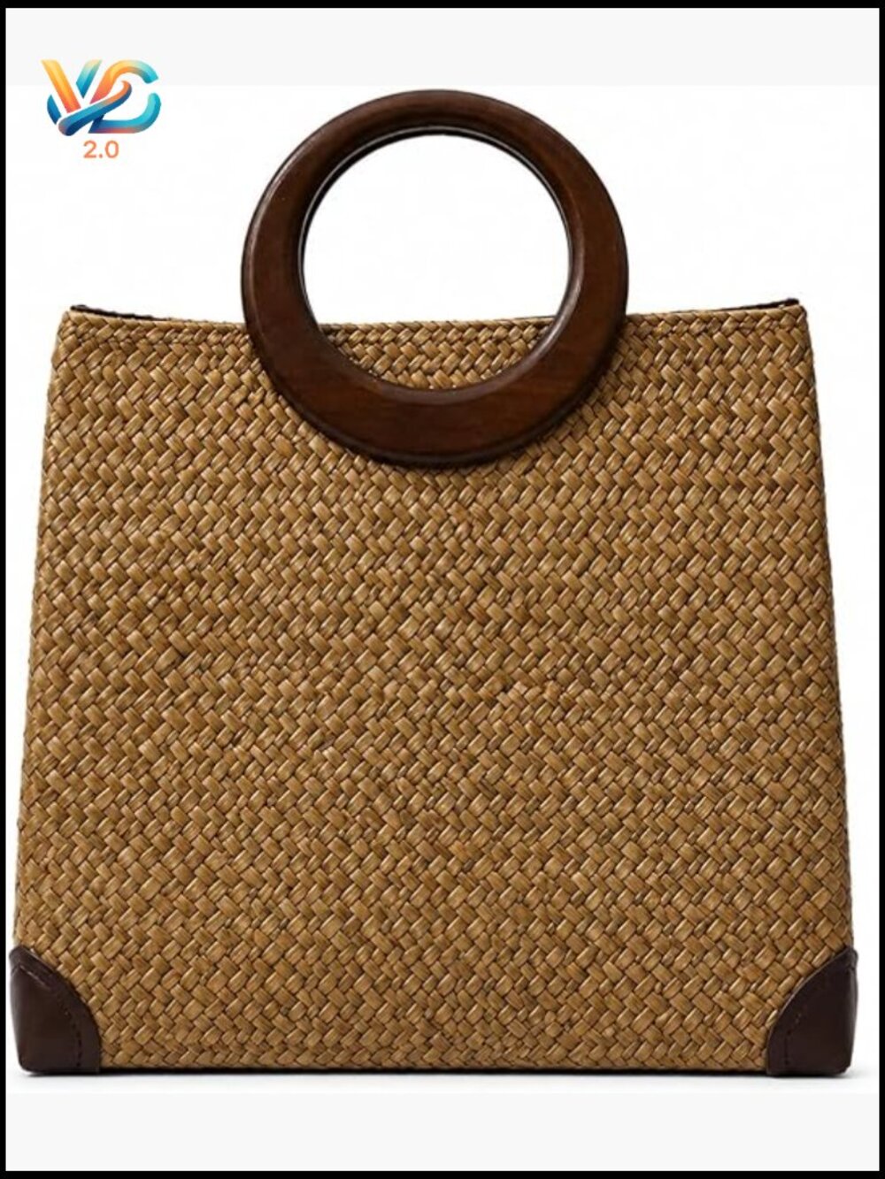 Hand-Woven Straw Tote Bag Rattan Beach Purse Retro Clutch with Round Wood Handle - Picture 1 of 6